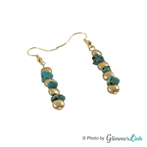 Teal & Matte Gold Stacked Beads & Chips Gold Plated Drop Earrings - Picture 4 of 5